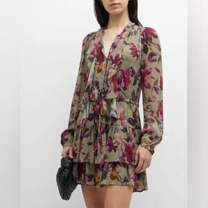 PAIGE Elynne Floral Ruffle Tiered Mini Dress – Olive Multi – Size XS